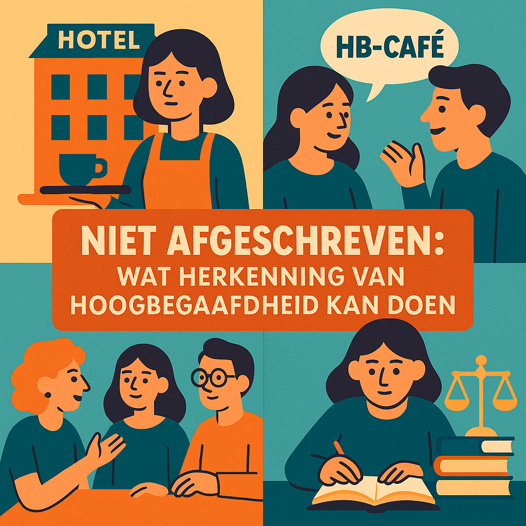 Beeldtekst: “Niet afgeschreven: wat herkenning van hoogbegaafdheid kan doen.” Illustratie in vier vlakken: hotel, gesprek bij HB-Café, groepsgesprek, studerende vrouw met boeken en weegschaal.